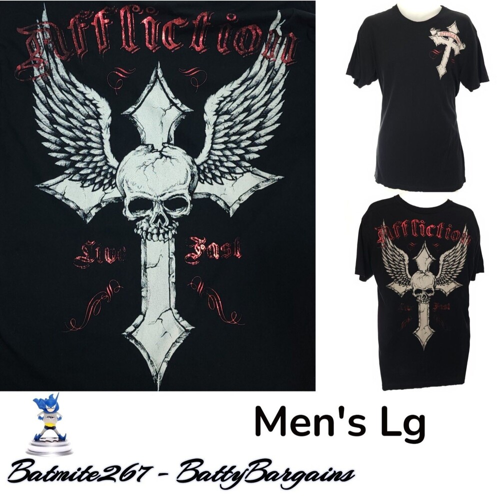 Affliction Skull Death Blade Y2K Mens L USA Made Foil Cross Wings Grunge Shirt